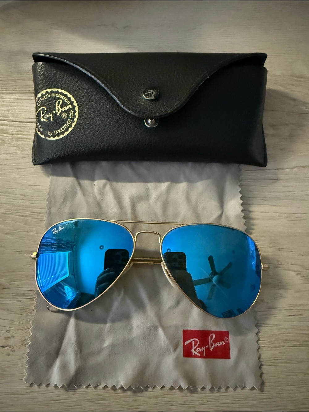 Ray-Ban Gold Frame Sunglasses with Blue Lenses